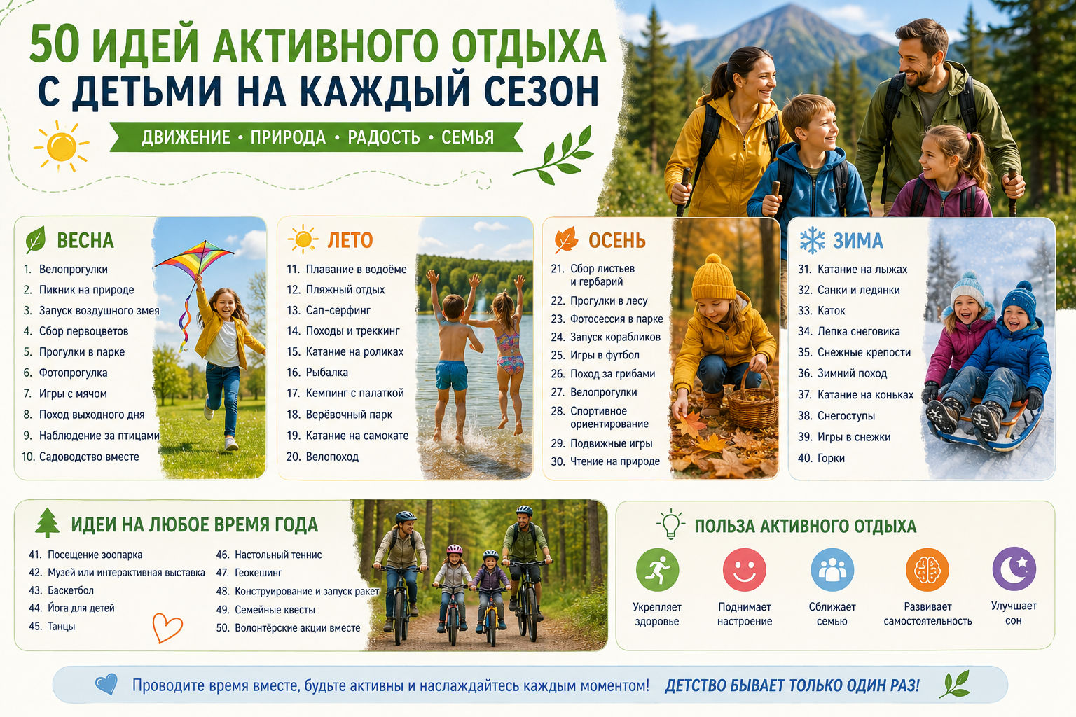 50 идей активного отдыха с детьми летом зимой и в межсезонье