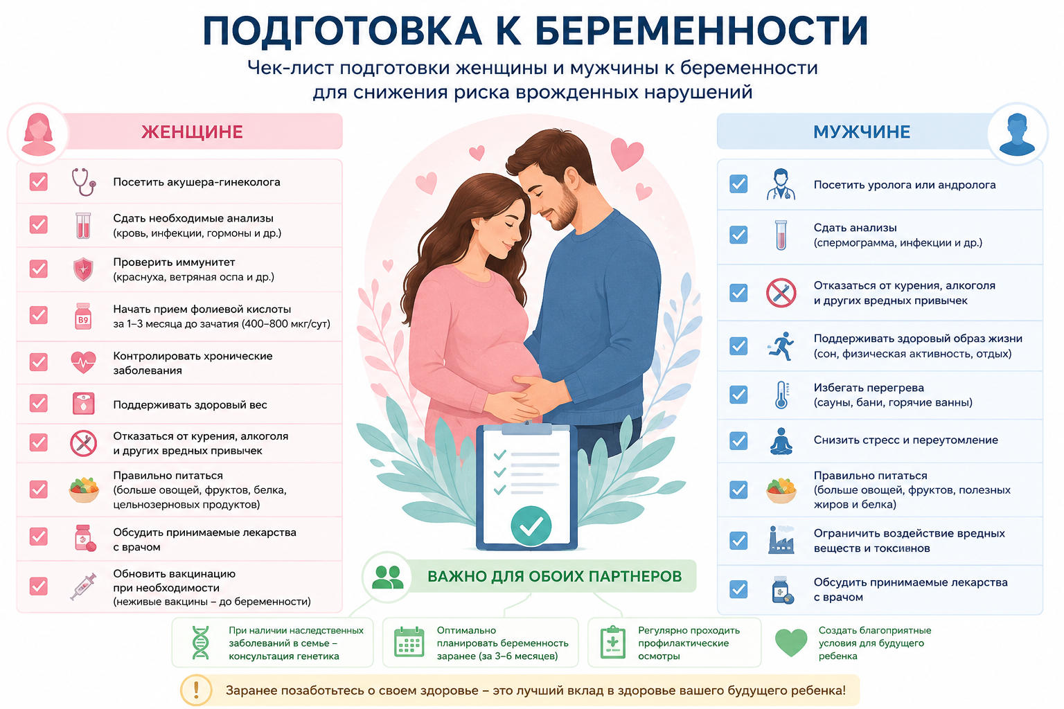 Чек-лист подготовки женщины и мужчины к беременности для снижения риска врожденных нарушений