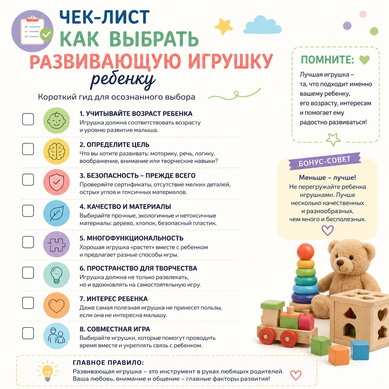 Чек-лист как выбрать развивающую игрушку ребенку
