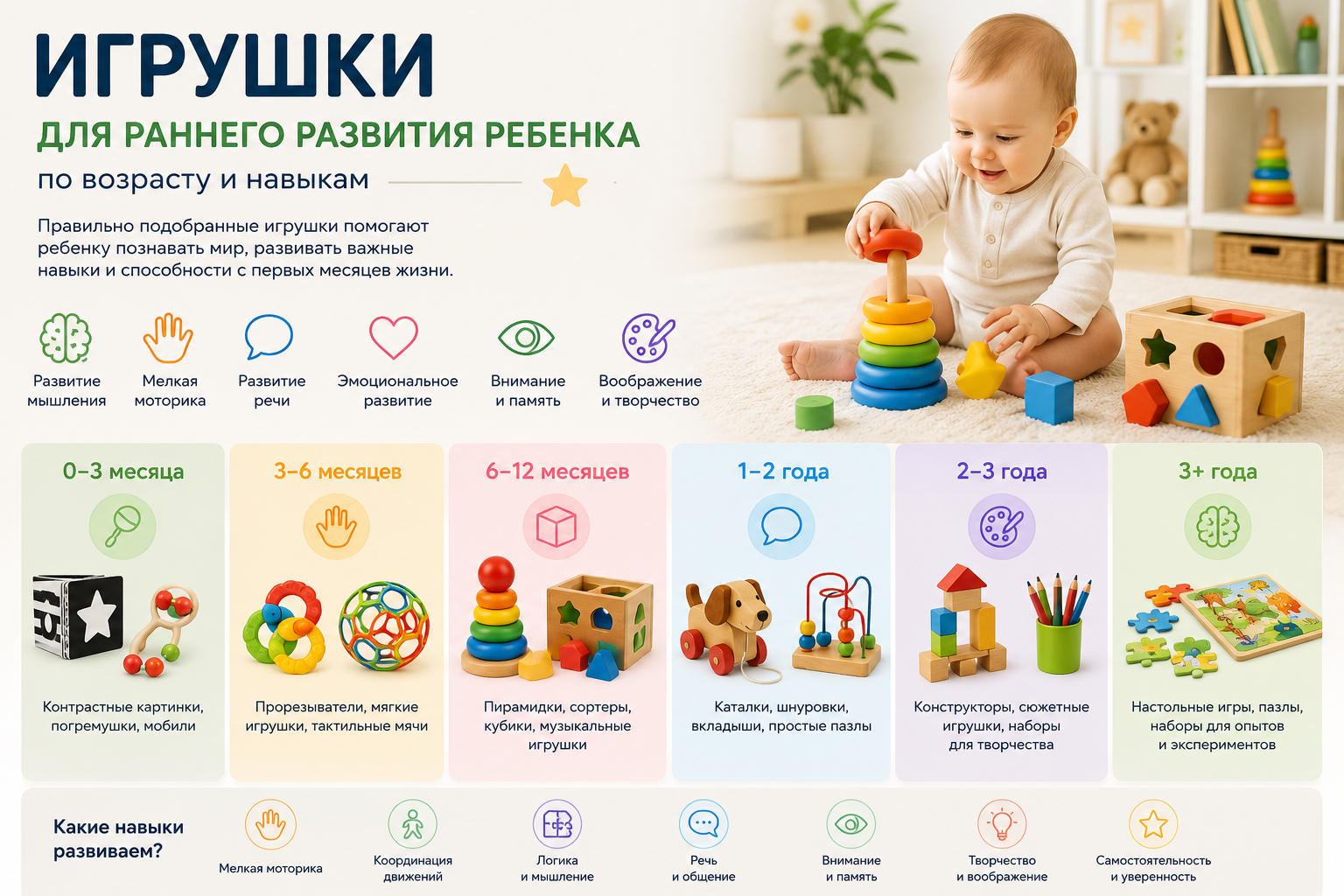 Игрушки для раннего развития ребенка по возрасту и навыкам
