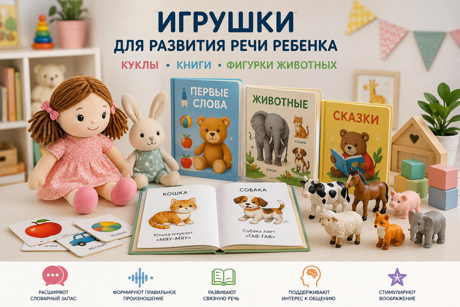 Игрушки для развития речи ребенка куклы книги фигурки животных