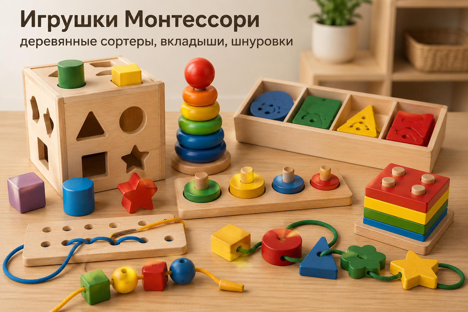 Игрушки Монтессори деревянные сортеры вкладыши шнуровки