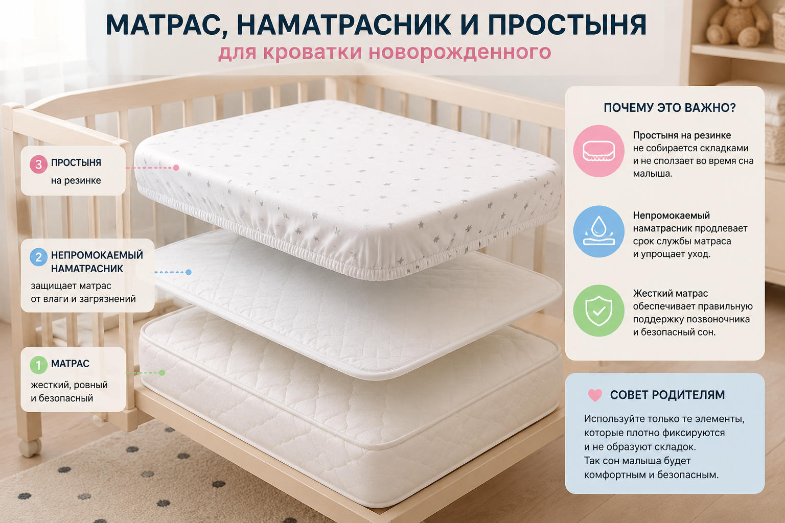 Матрас, наматрасник и простыня для кроватки новорожденного