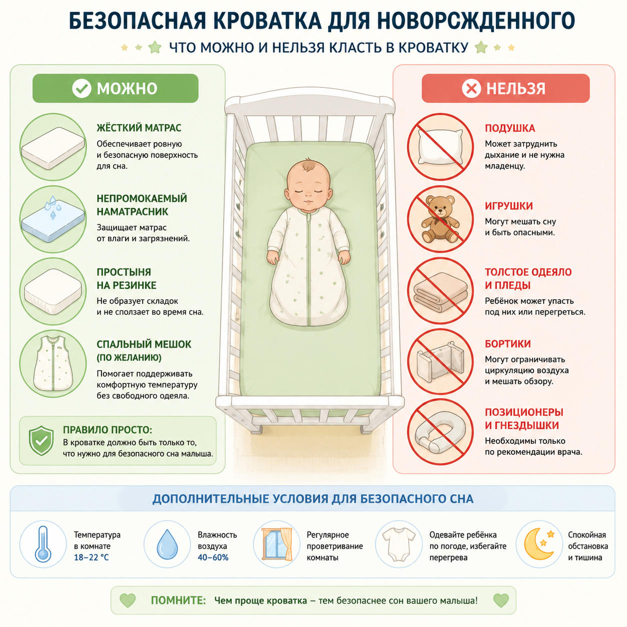 Безопасная кроватка новорожденного: что можно и нельзя класть