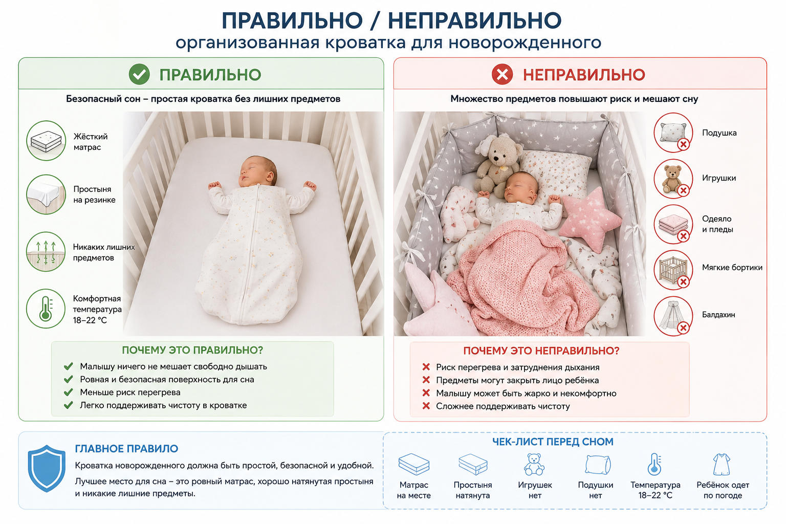 Правильно и неправильно организованная кроватка новорожденного Сравнение правильной и неправильной организации кроватки новорожденного: безопасный сон без подушки, игрушек, бортиков и свободного одеяла