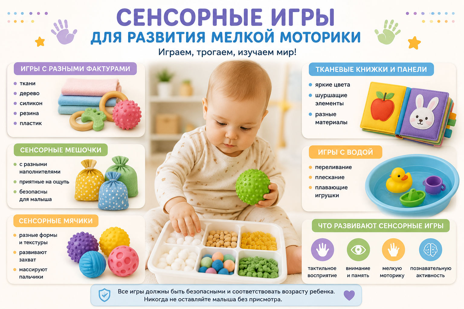 Сенсорные игры для развития мелкой моторики Сенсорные игры для развития мелкой моторики у детей до года