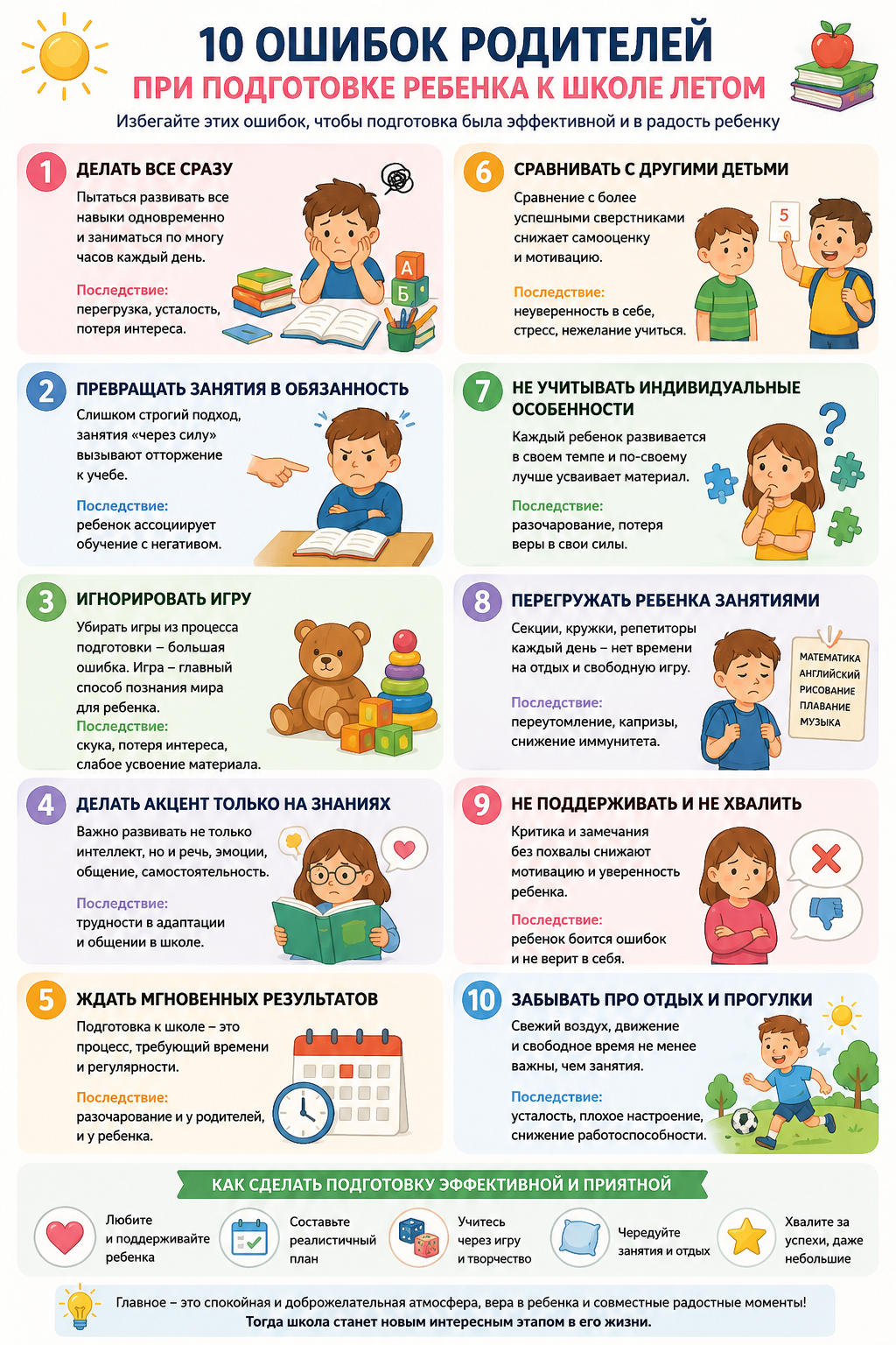 Ошибки родителей при подготовке ребенка к школе летом