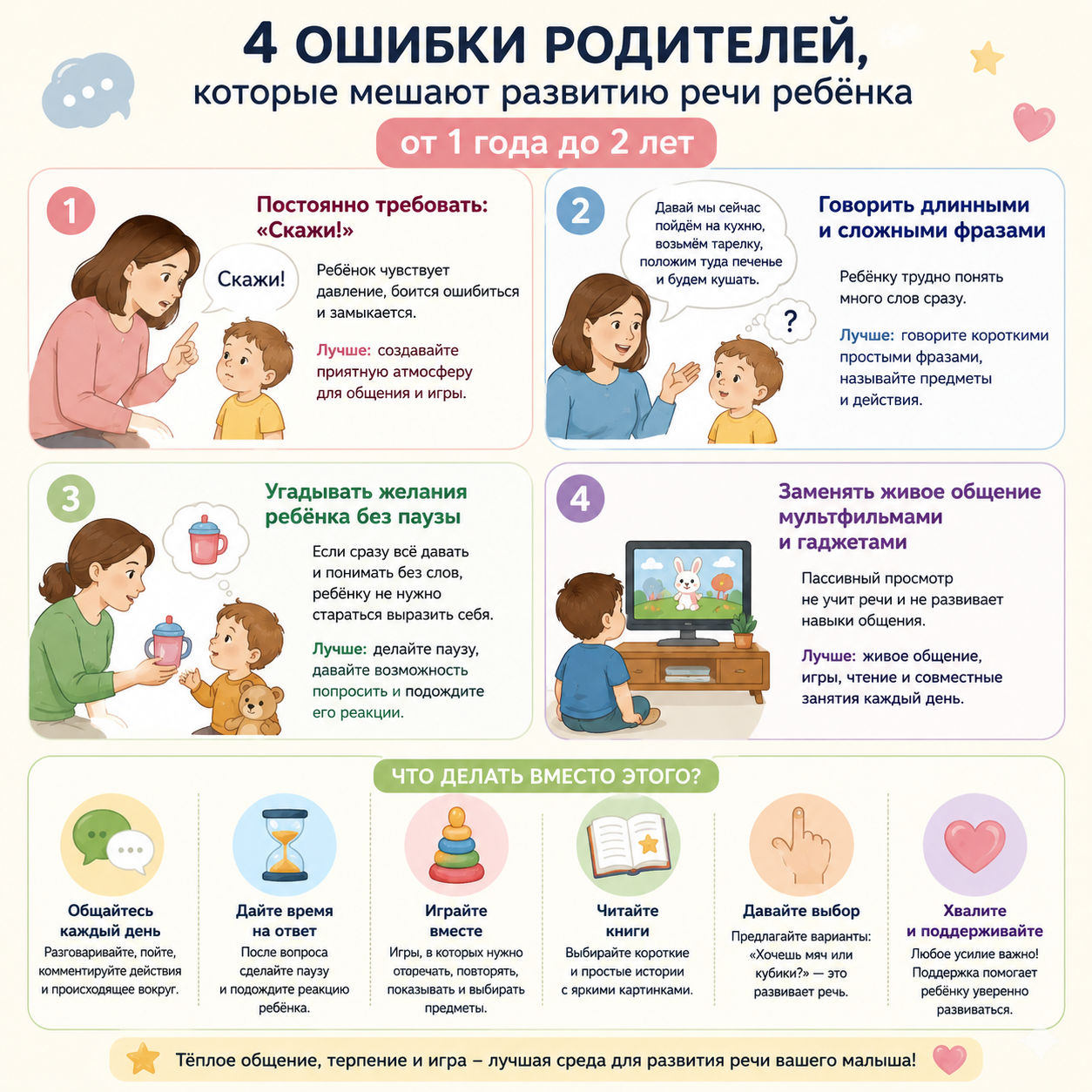 Ошибки родителей при развитии речи ребёнка 1–2 лет