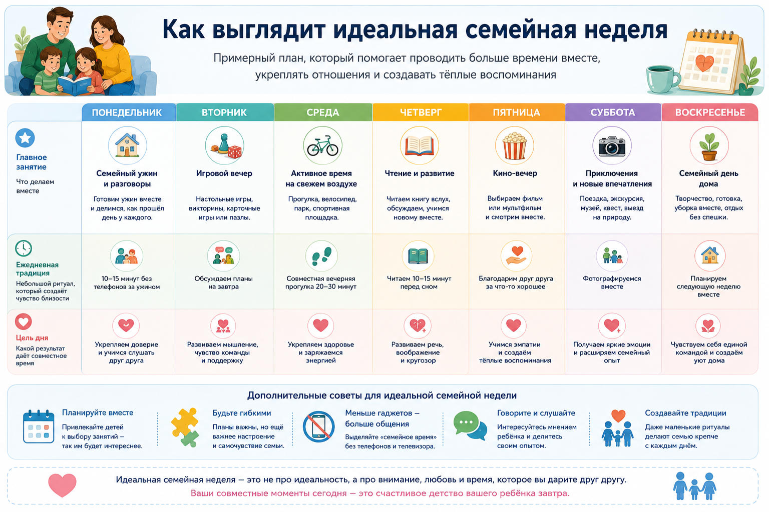 Инфографика: идеальная семейная неделя с ребёнком — план семейного досуга по дням недели
