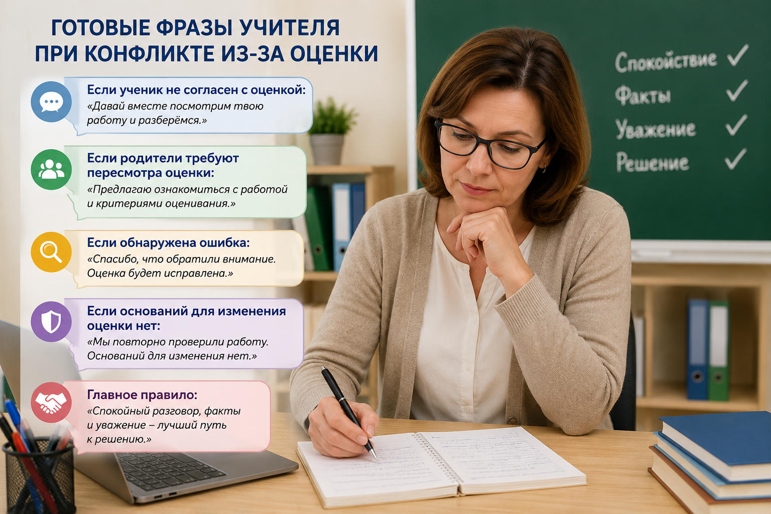 Педагог подбирает корректные фразы для разговора об оценке