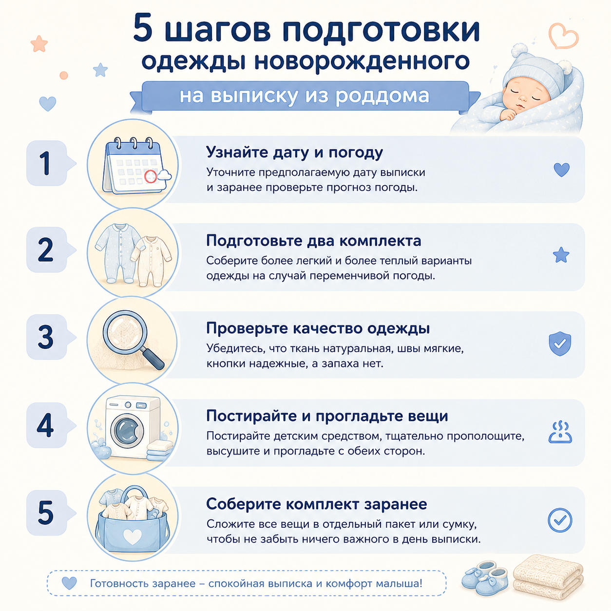 Инфографика 5 шагов подготовки одежды новорожденного на выписку