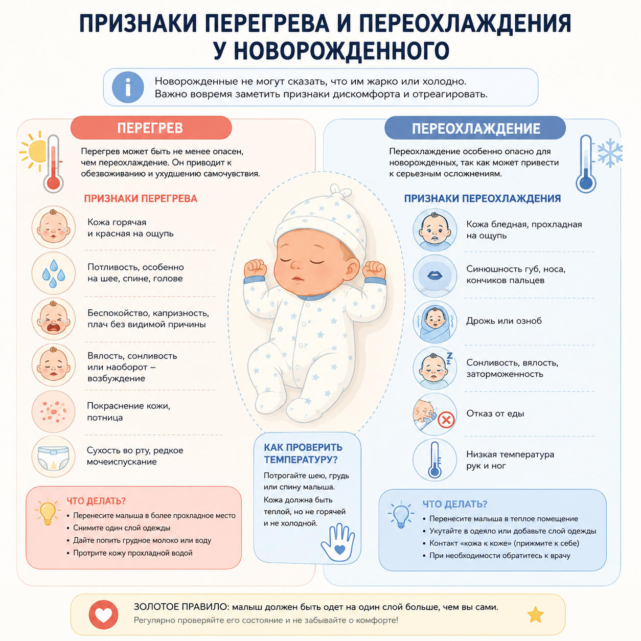 Инфографика признаки перегрева и переохлаждения у новорожденного