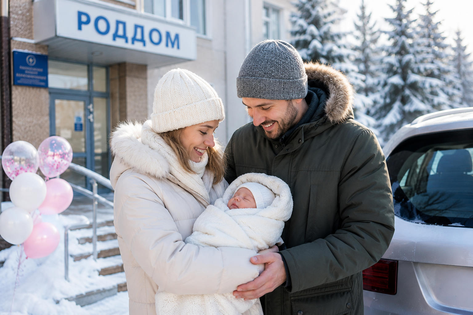 Выписка из роддома зимой с новорождённым