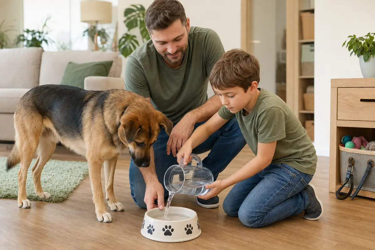 Родитель учит ребёнка заботиться о домашнем животном