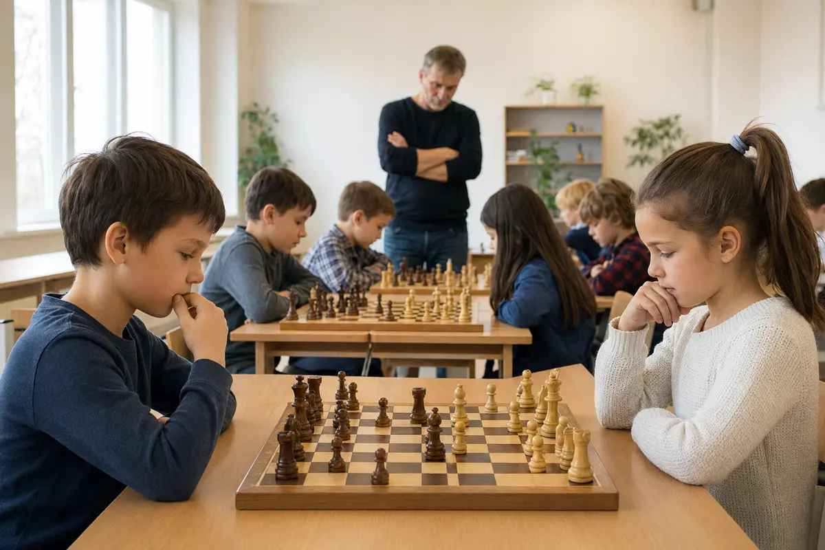 Дети спокойно играют в шахматы на учебном турнире