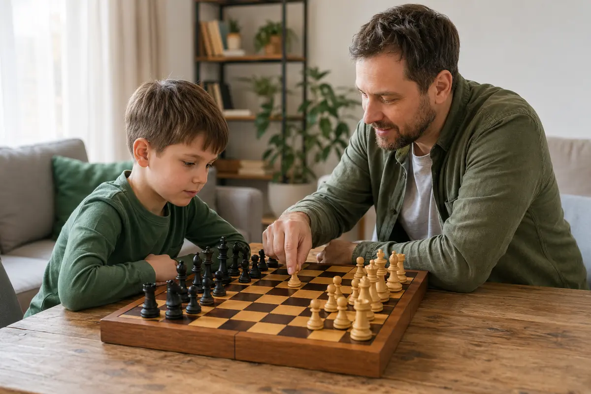 Родитель учит ребёнка играть в шахматы за домашним столом