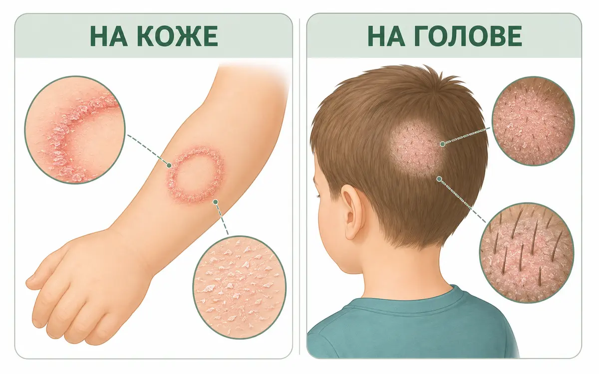 Признаки грибкового лишая на коже и волосистой части головы у ребёнка