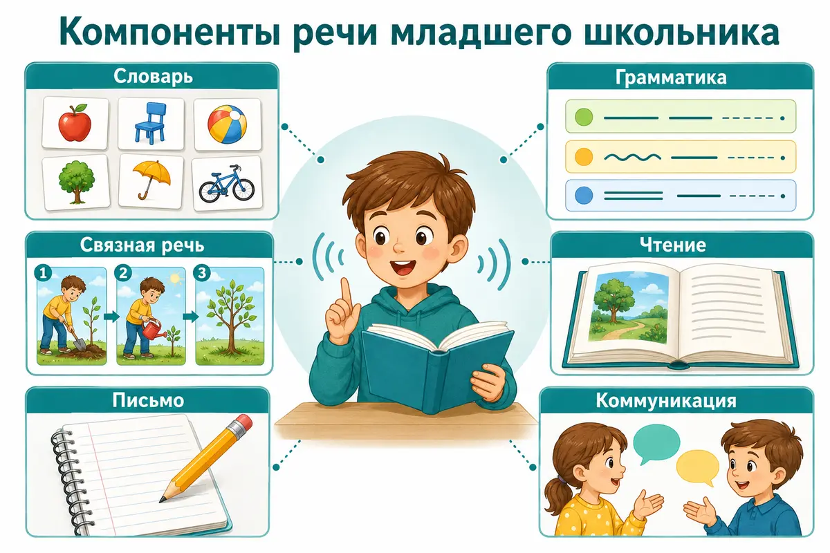 Основные компоненты речи младшего школьника: словарь, грамматика, связная речь, чтение и письмо