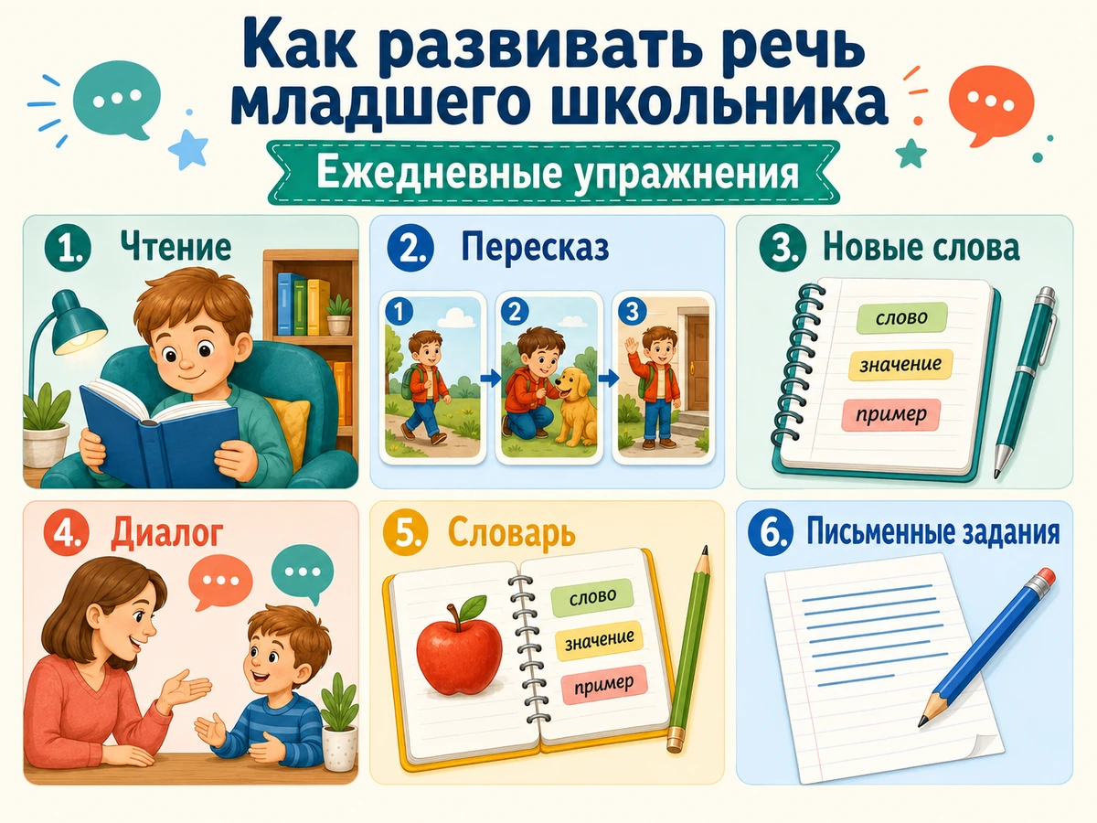 Инфографика с недельным планом развития речи младшего школьника