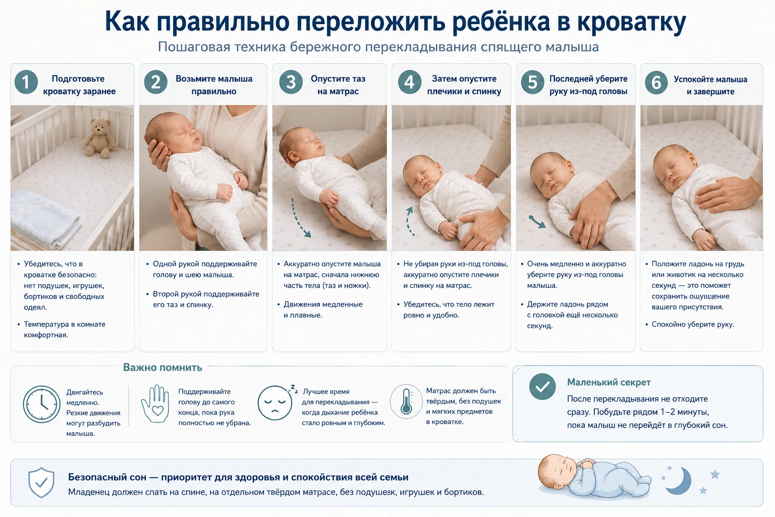 Инфографика с пошаговой техникой перекладывания младенца с рук в кроватку