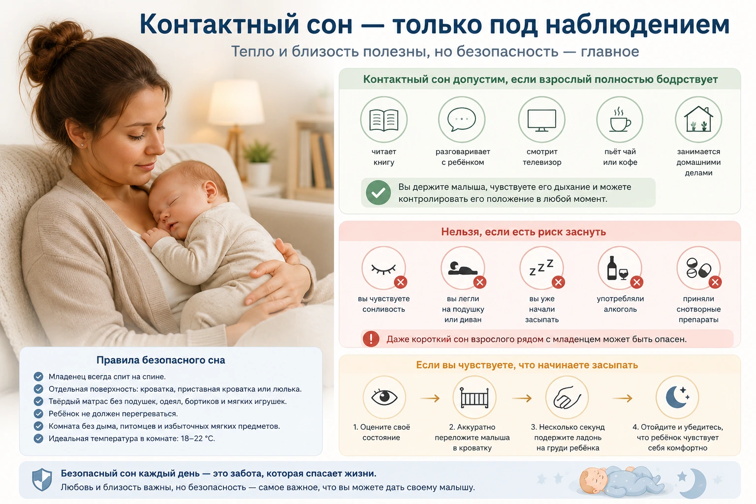 Бодрствующая мама держит спящего младенца рядом с подготовленной кроваткой
