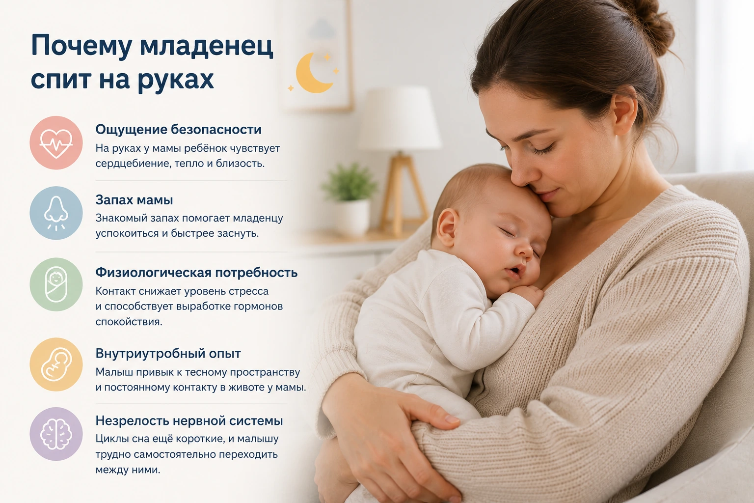Новорождённый спокойно спит на руках у бодрствующей мамы