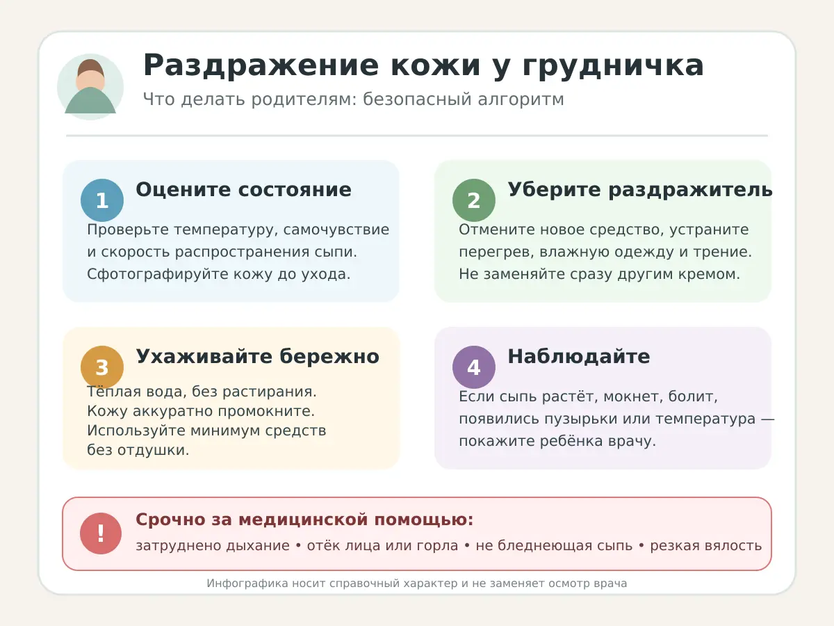Инфографика с алгоритмом действий при раздражении кожи у грудничка