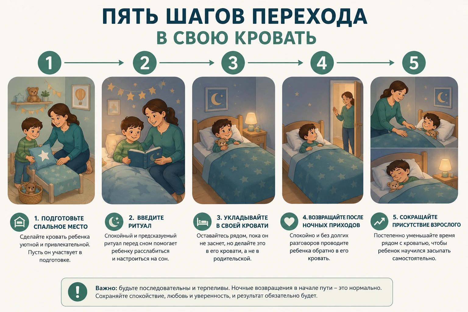Инфографика: пять шагов перехода ребёнка в свою кровать