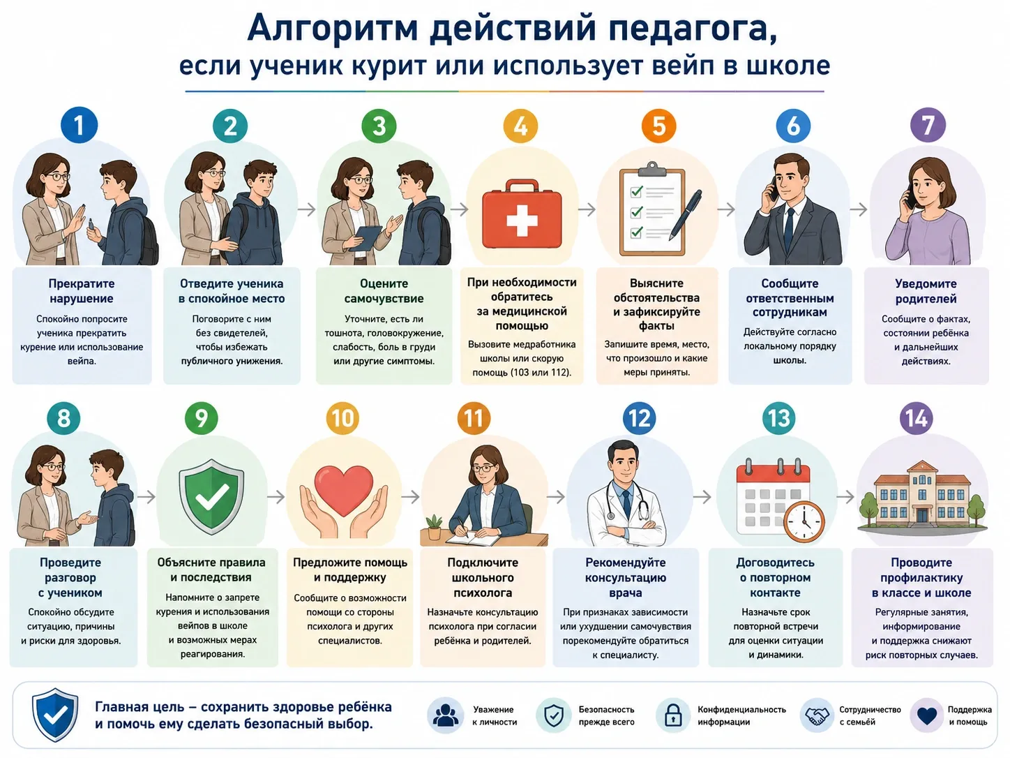 Инфографика с алгоритмом действий педагога, если ученик курит или использует вейп