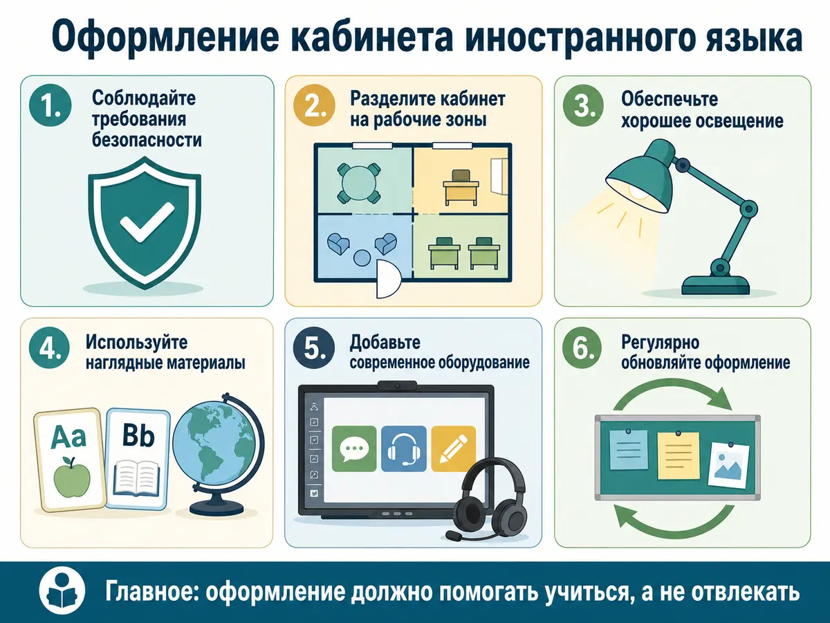 Инфографика с чек-листом оформления кабинета иностранного языка