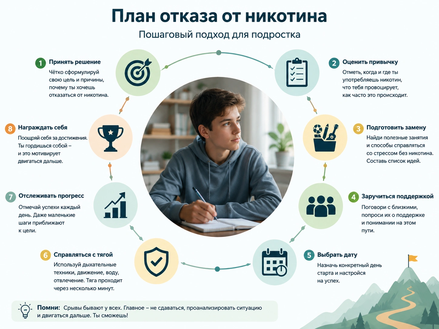 Инфографика с этапами отказа подростка от никотина